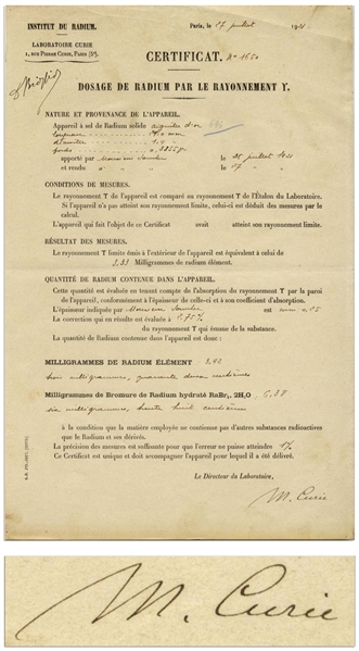 Marie Curie Signed Document From Her Institut du Radium Laboratory -- Curie Signs Off on an Experiment in Her Lab